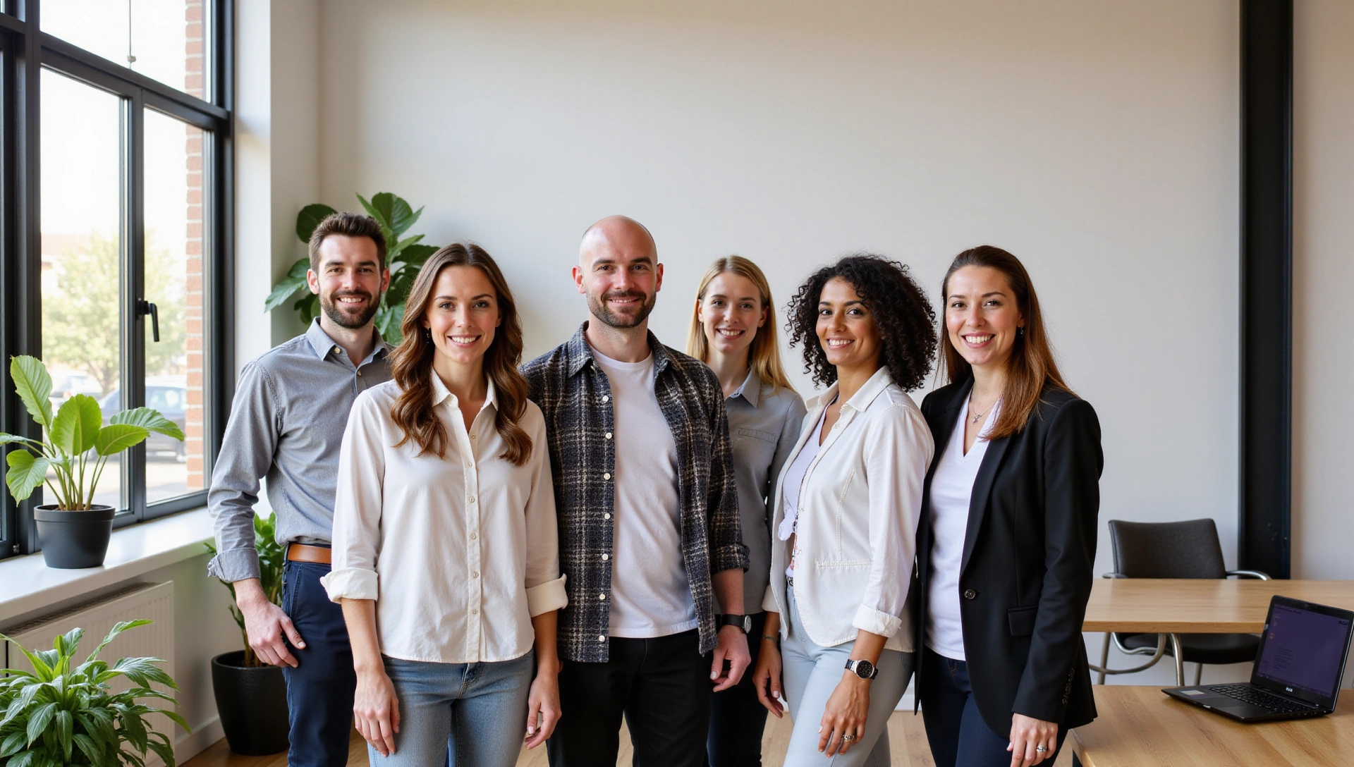 A diverse team collaborating in a modern, light-filled office with natural elements like plants and wooden furniture, symbolizing innovation and natural focus.