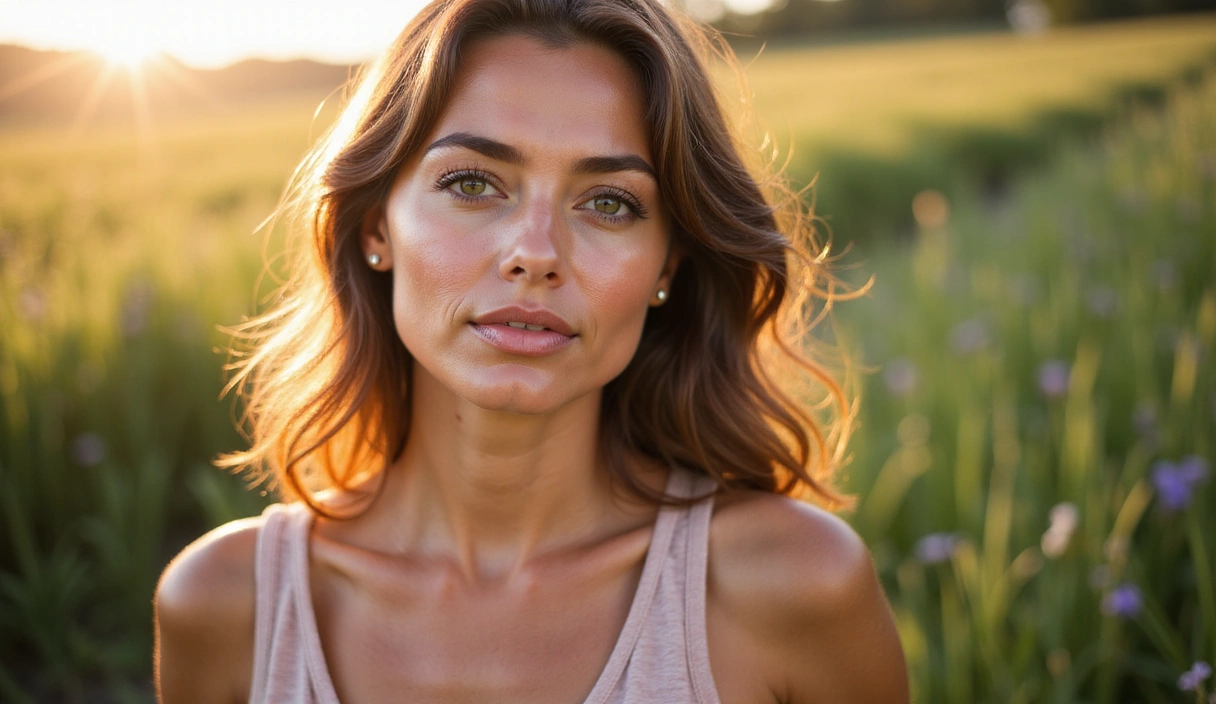 Elegant woman with radiant skin in a natural, soft-lit setting